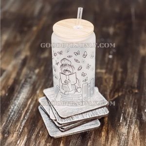 NWT PERSONALIZED FROSTED GLASS W/ REUSABLE LID & STRAW